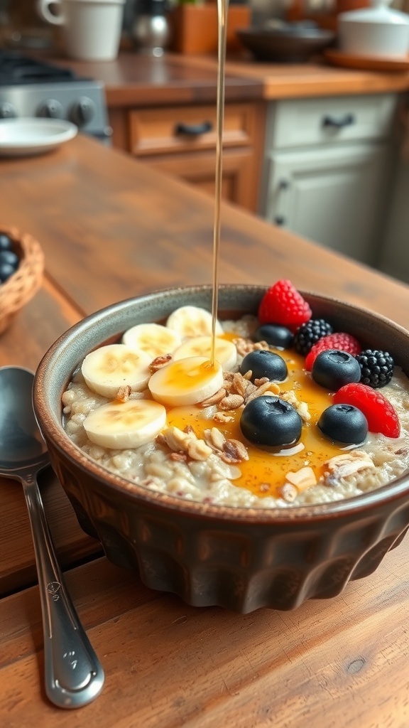 A delicious oatmeal breakfast bowl with bananas, berries, and nuts on a wooden table.